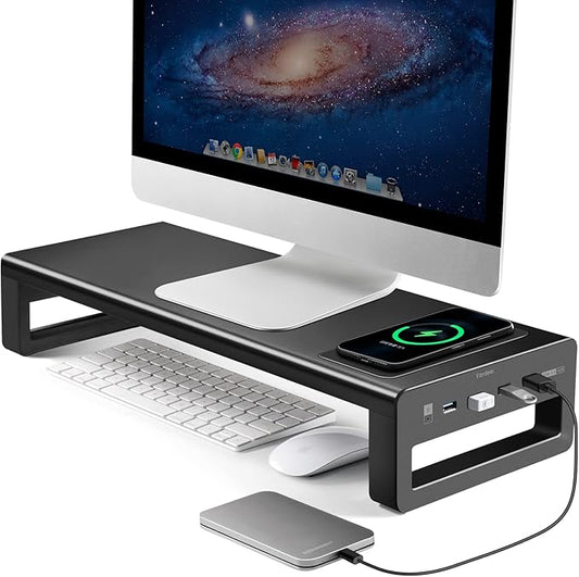 Vaydeer Wireless Charging and USB 3.0 Monitor Stand, Monitor Riser for Desk with Storage, Single Shelf Holder Raiser Organizer for Computer iMac Laptop PC Screen, Heavy Duty Gift Gaming Studio Office