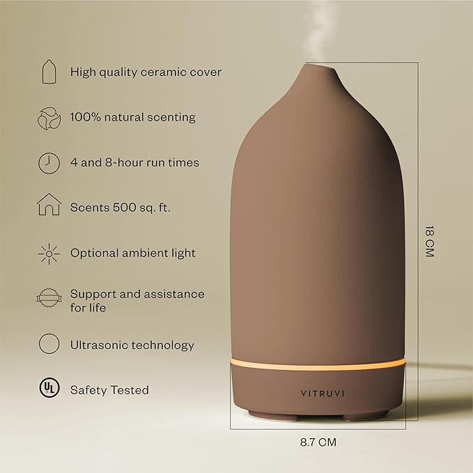 Vitruvi Stone Diffuser, Ceramic Ultrasonic Essential Oil Diffuser for Aromatherapy | Ceramic Diffuser, Diffusers for Home, Oil Diffuser, Room Decor | Suede, 90ml Capacity