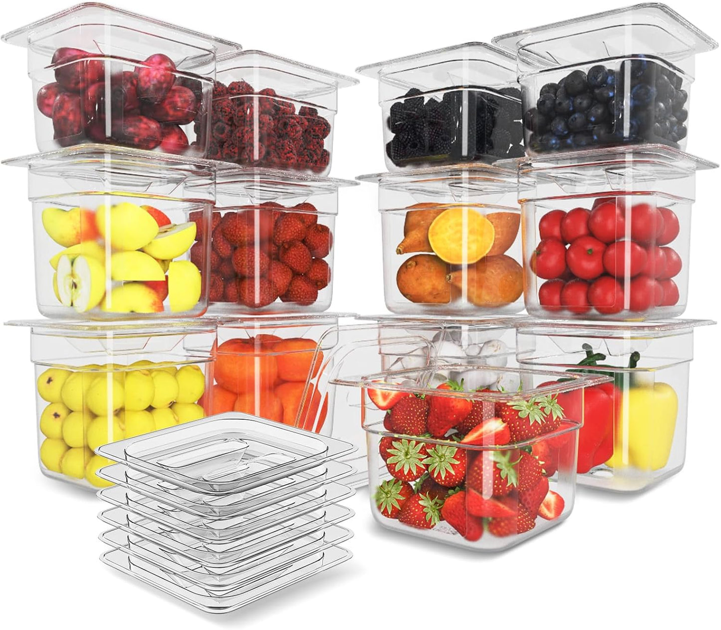 Plastic Clear Food Pan 1/6 Size Stackable Polycarbonate Pan with Capacity Indicator Restaurant Commercial Hotel Pans for Fruits Vegetables Beans Corns (12 PCS, 6'' Deep)