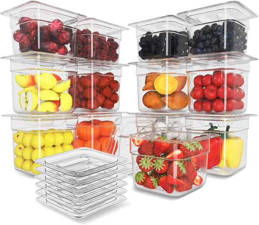 Plastic Clear Food Pan 1/6 Size Stackable Polycarbonate Pan with Capacity Indicator Restaurant Commercial Hotel Pans for Fruits Vegetables Beans Corns (12 PCS, 6'' Deep)