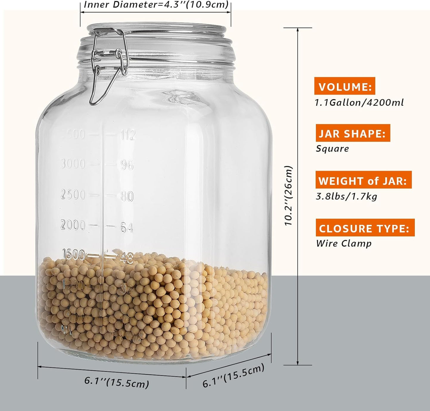 2 Pack 1.1 Gallon Square Super Wide Mouth, Airtight Glass Storage Jars, with Measurement Marks, Leak-Proof Lids for Kitchen Pantry, Canning, Dry Food (Flour, Sugar) & Drinks