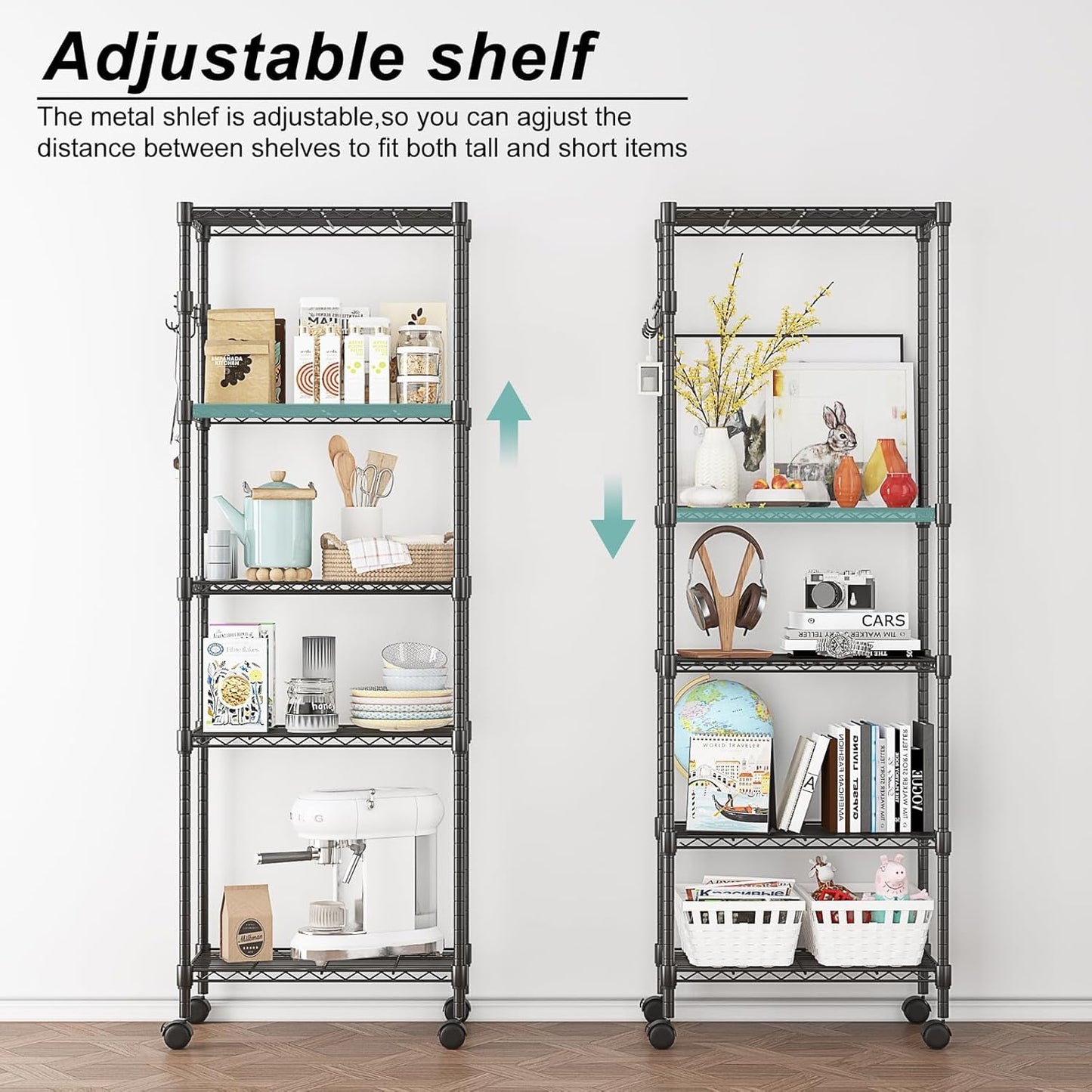 Himimi 5-Tier Wire Shelving Unit on Wheels, Adjustable Heavy Duty Metal Shelves with Side Hooks, Metal Organization Wire Rack for Kitchen Garage Basement, 13" L x 23" W x 72" H, Black