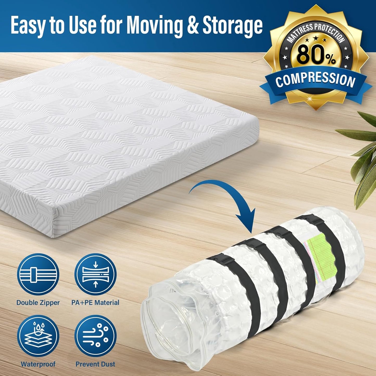 Mattress Vacuum Storage Bag - Queen/Full/Full-XL Size Compression Bag with Moving Straps, Eco-Friendly Organizer Bag & 6 Stickers + External Tag Pocket