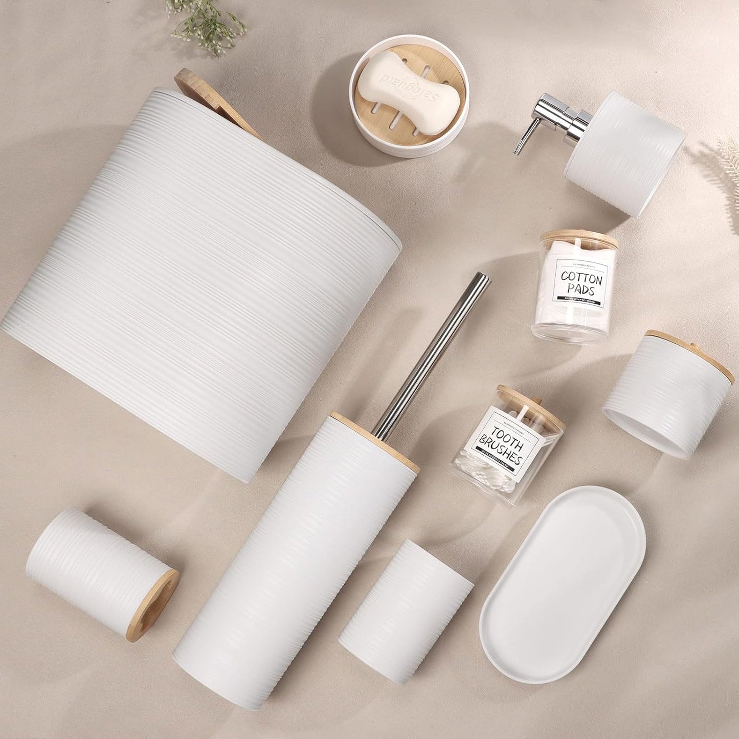 IMAVO Bathroom Accessory Set-11Pcs White Bathroom Accessories Set with Trash Can,Soap Dispenser,Soap Dish,Toothbrush Holder,Toothbrush Cup,Toilet Brush Holder,Qtip Holder Dispenser with Labels