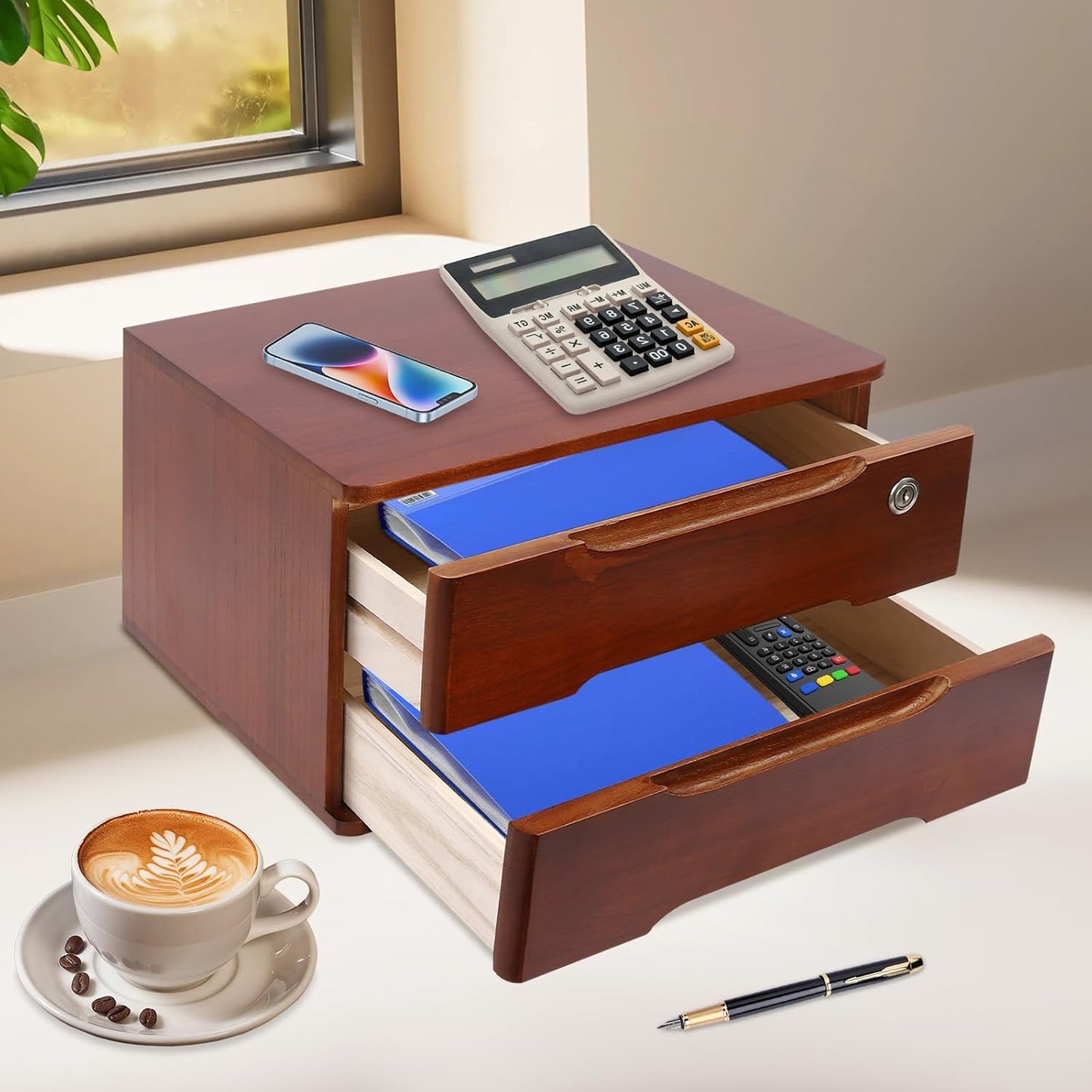 2-Tier Wooden Desktop Storage Box Desk Organizer with 2 Drawers and Lock Countertop Drawers Organizer for Office Supplies File Paper Cosmetic Jewelry, 15.4x11.8x8.5 in (Dark Brown)