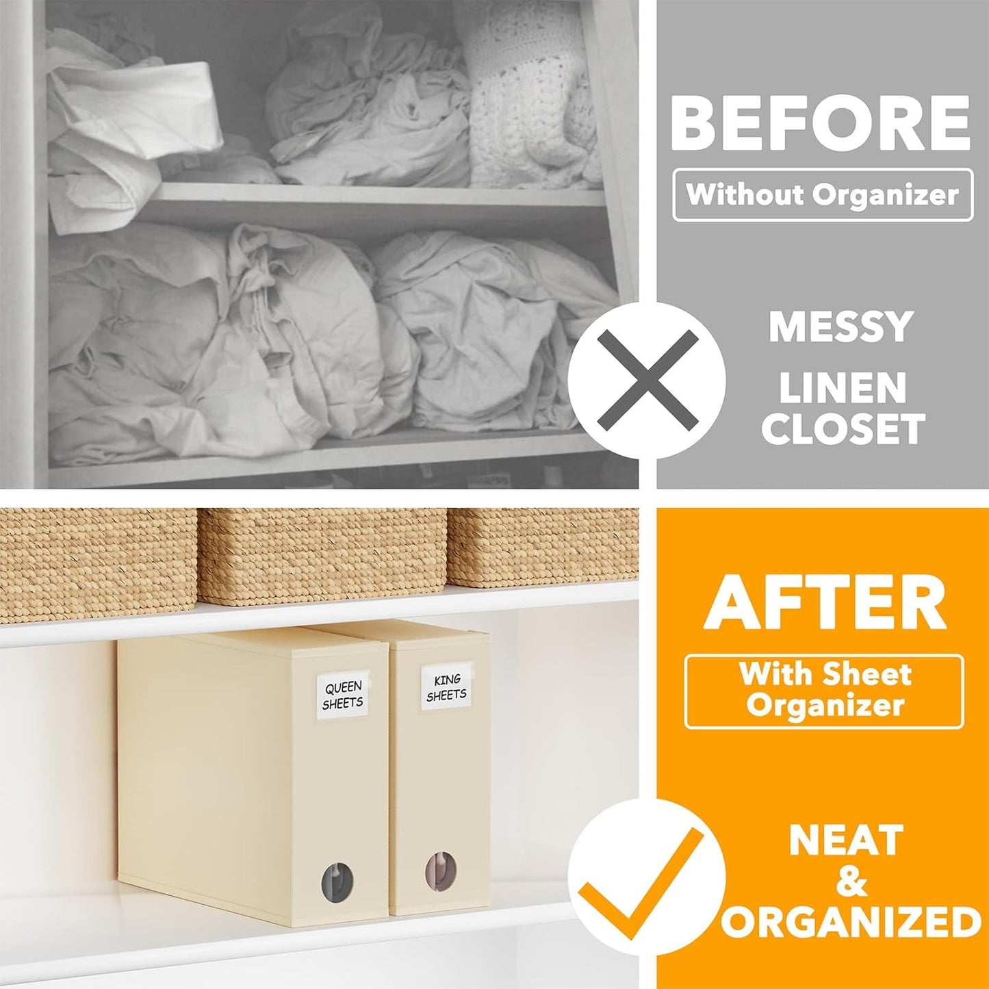 SpaceAid 2 Pack Bed Sheet Organizers and Storage, Foldable Sheet Organizer for Linen Closet, Sheets Set Folder Keeper with Window XL (Queen & King Size) Organizing Bedding Container, Beige