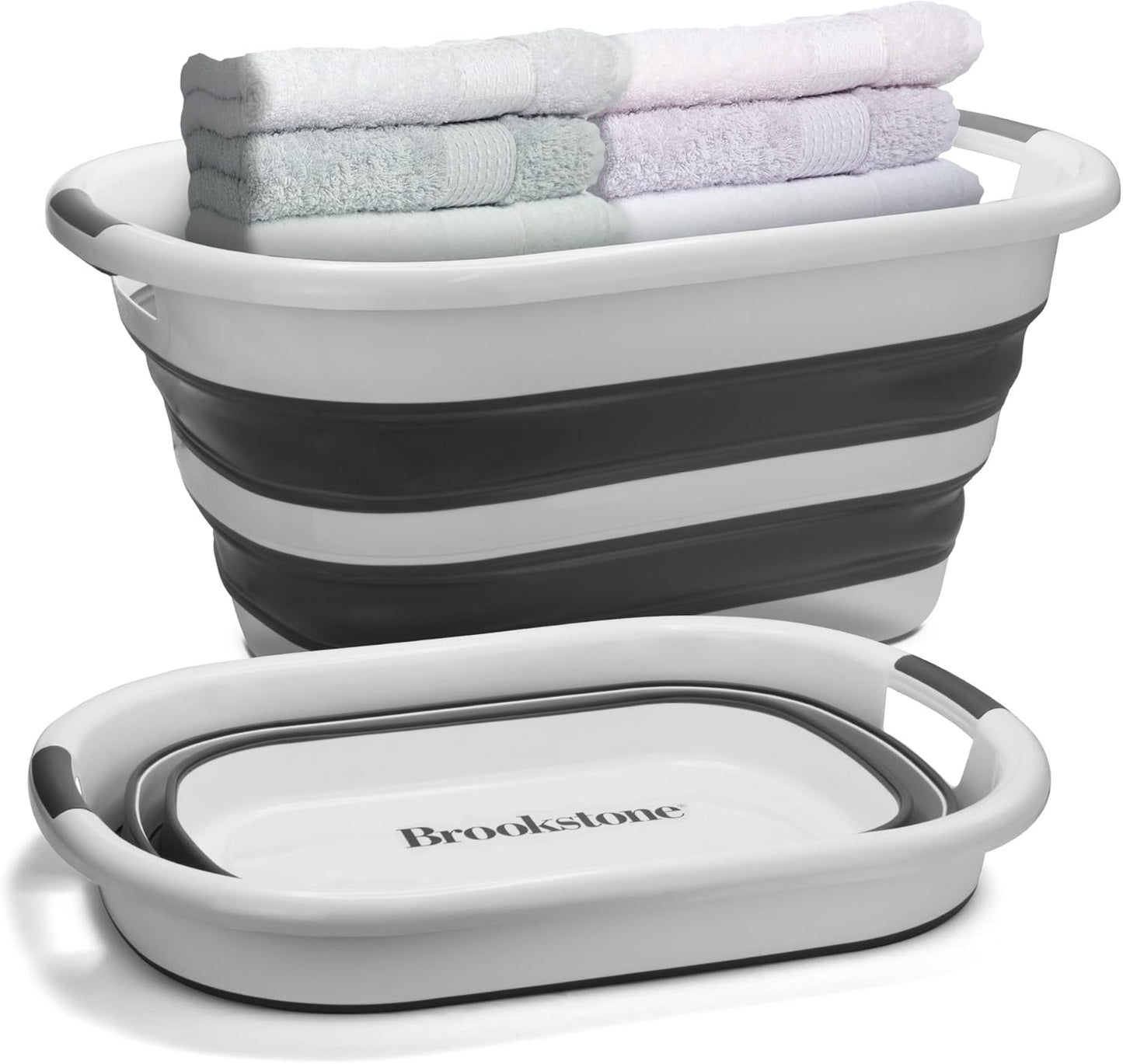 BROOKSTONE, Large Collapsible Laundry Basket [11 GALLONS] with Comfort Non-Slip Grip Handles, Minimalist Space Saving Design, Portable Pop-Up Hamper, [BPA FREE], White and Black