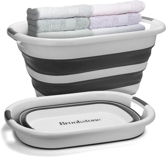 BROOKSTONE, Large Collapsible Laundry Basket [11 GALLONS] with Comfort Non-Slip Grip Handles, Minimalist Space Saving Design, Portable Pop-Up Hamper, [BPA FREE], White and Black