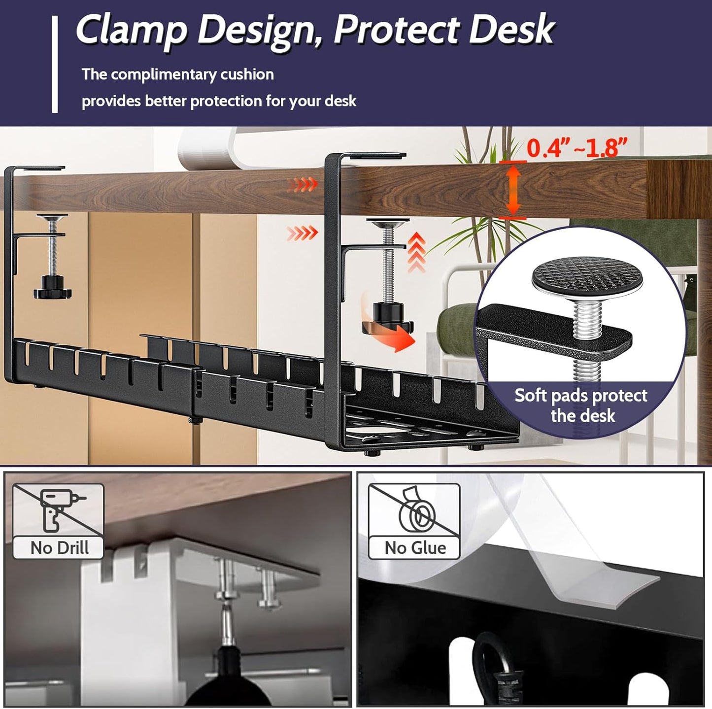Shikha Cable Management Under Desk, 15.7"-31" Retractable Cable Management Tray, No Drilling Cord Organizer with Clamp for Desk, Under Table Wire Management Tray for Home Office