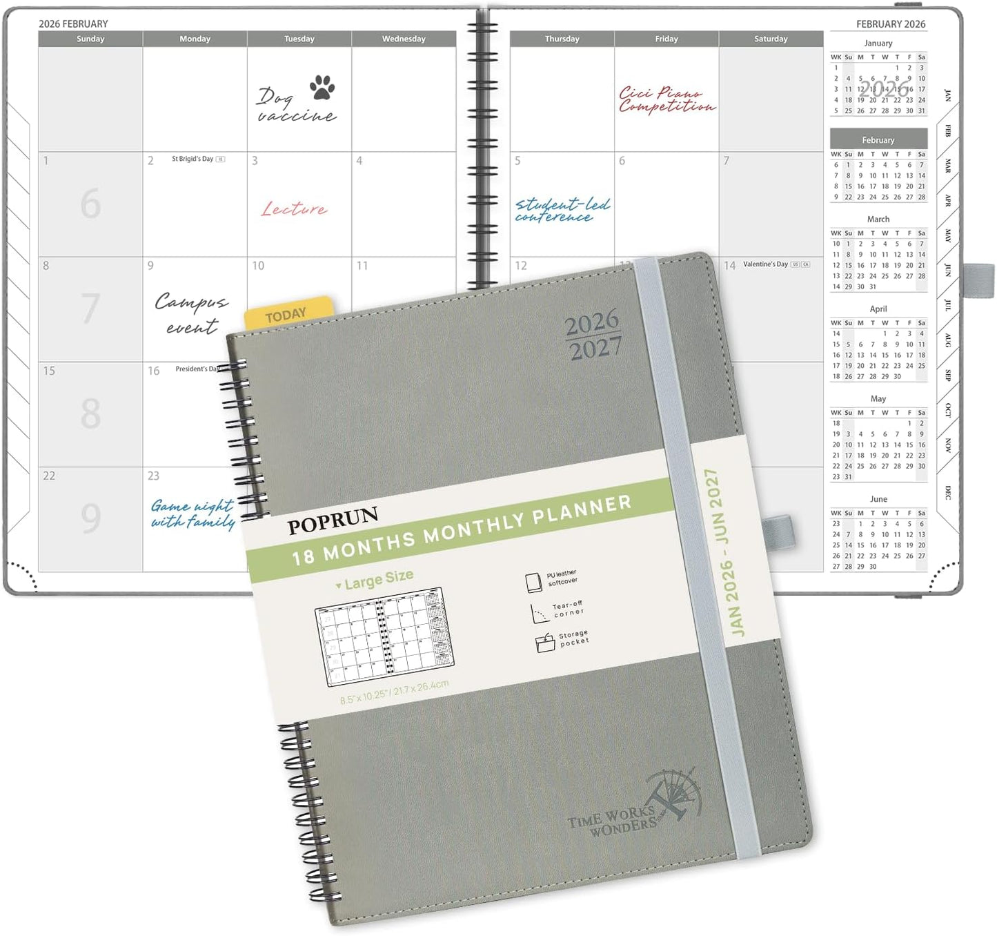 POPRUN Monthly Planner 2026-2027 (Large 8.5" x 10.5") 18 Months Calendar (Jan 2026 - Jun 2027) - 4 Pages per Month with Expense & Notes, Stair-like tabs, Leather Cover, Sunday Starts - Grey