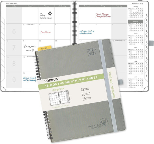 POPRUN Monthly Planner 2026-2027 (Large 8.5" x 10.5") 18 Months Calendar (Jan 2026 - Jun 2027) - 4 Pages per Month with Expense & Notes, Stair-like tabs, Leather Cover, Sunday Starts - Grey