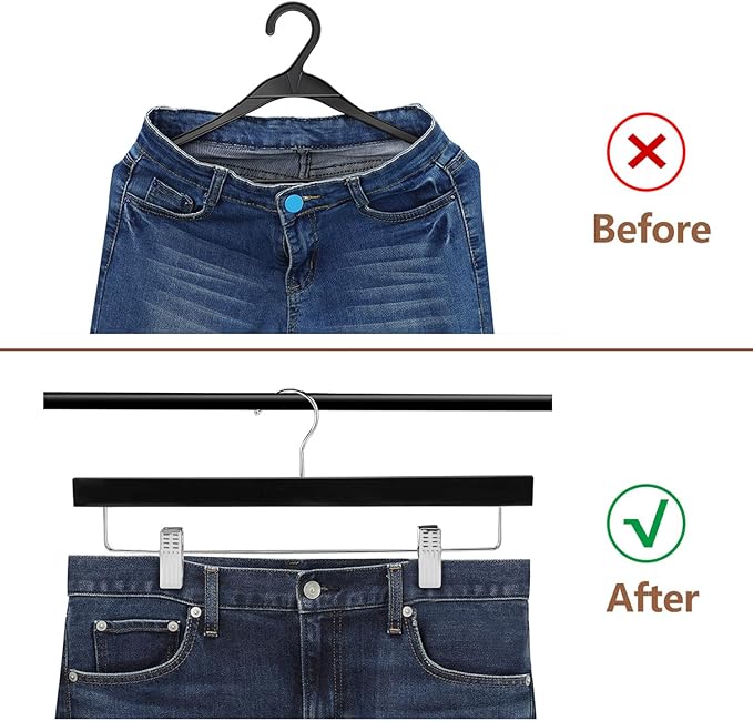 AMKUFO 20pcs Wooden Pants Hangers Solid Pants Hangers with Adjustable Clips 14 Inch Black Wood Skirt Hangers Trousers Bottom Hangers with Non-Slip Clips and 360° Swivel Hook