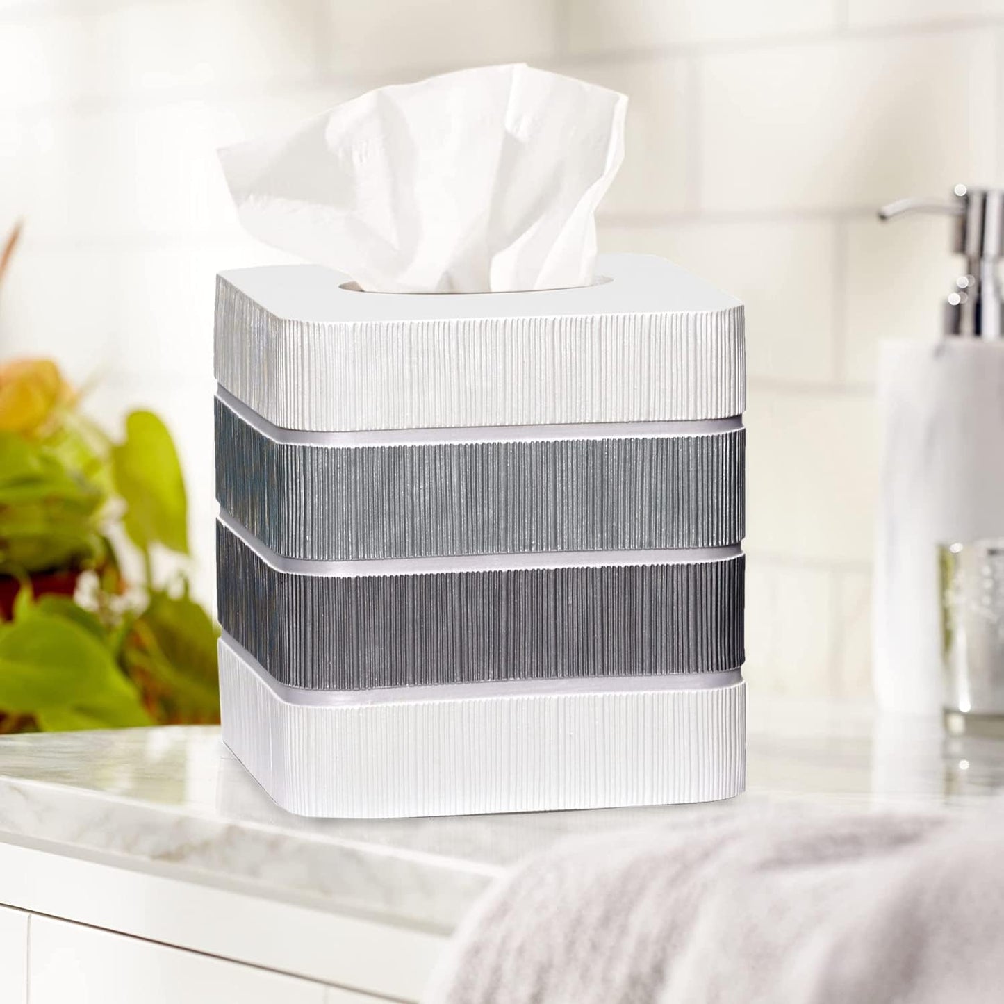 Zahari Home 2pc Modern Line Stylish Bath Accessories Set Waste Basket & Square Tissue Box Cover Classic Contemporary Decorative Beautiful Designs Gray Bathroom Decor Set for Home Modern Bath Set