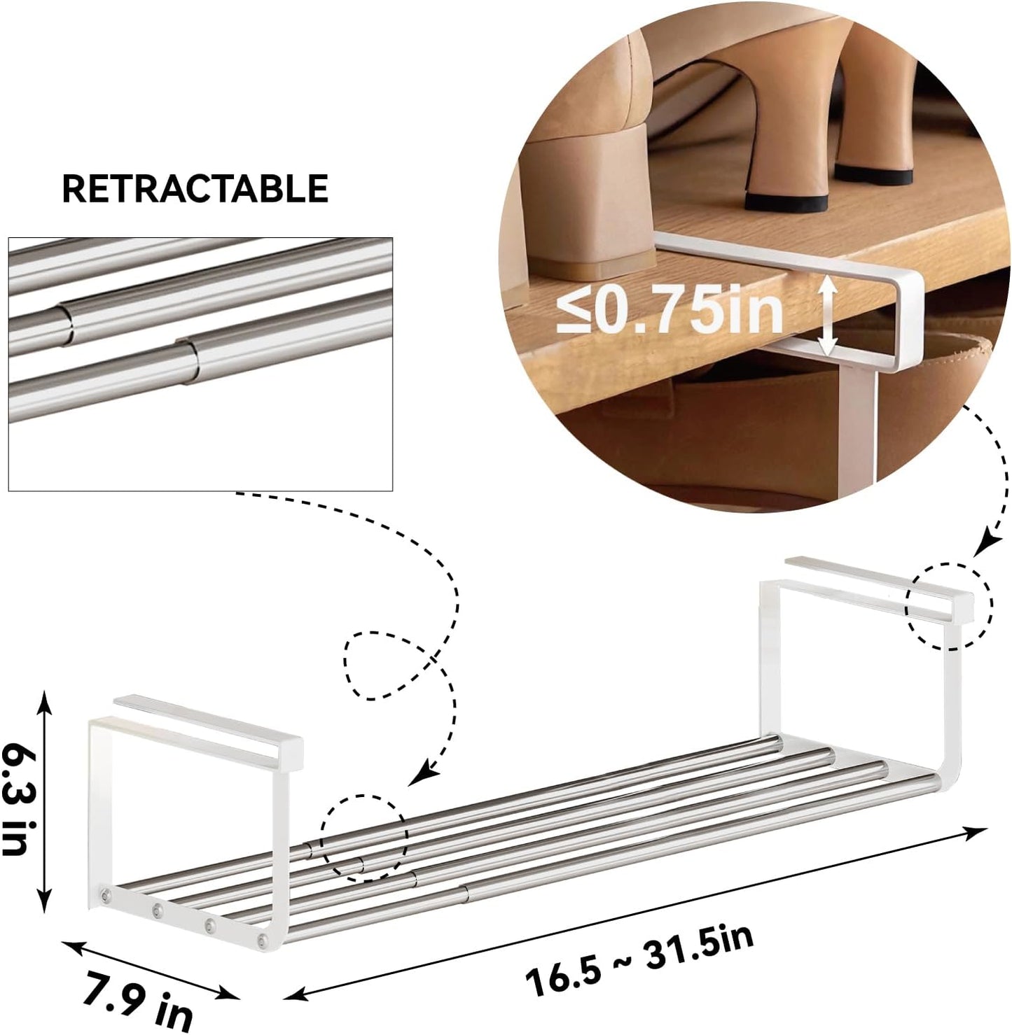 Expandable Shoe Rack Organizer - Adjustable Shoe Rack & Under Cabinet Shelf - for Shoe or Clothing Storage and Organization, Under Shelf Storage (Stainless,1Pcs)