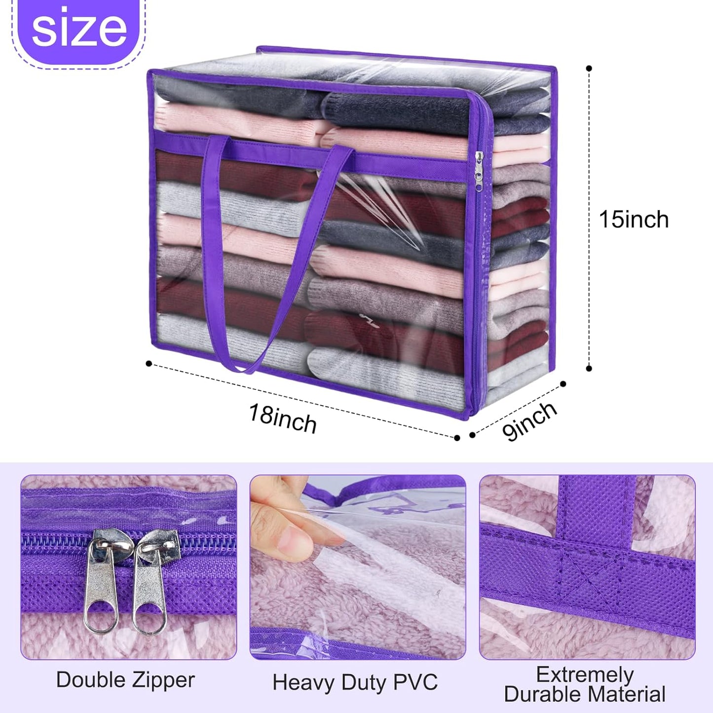 4 Pack Clear Zippered Storage Bags for Clothes, Closet Organizers and Storage Vinyl Bag for Bedding, Linen, Blankets, Comforters, Clothes & Toys Multi Purpose & Space Saver PVC Organizers