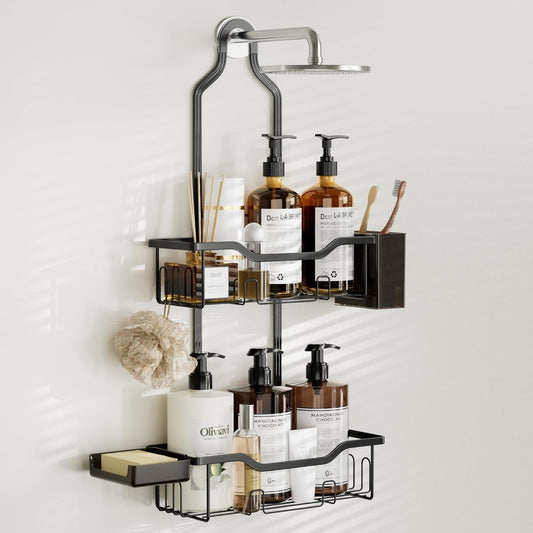 Shower Caddy Hanging 2-Tier Bathroom Organizer for Tall Showerhead with Soap Dish and Toothbrush Holder,Rustproof Over Shower Head Rack,Black