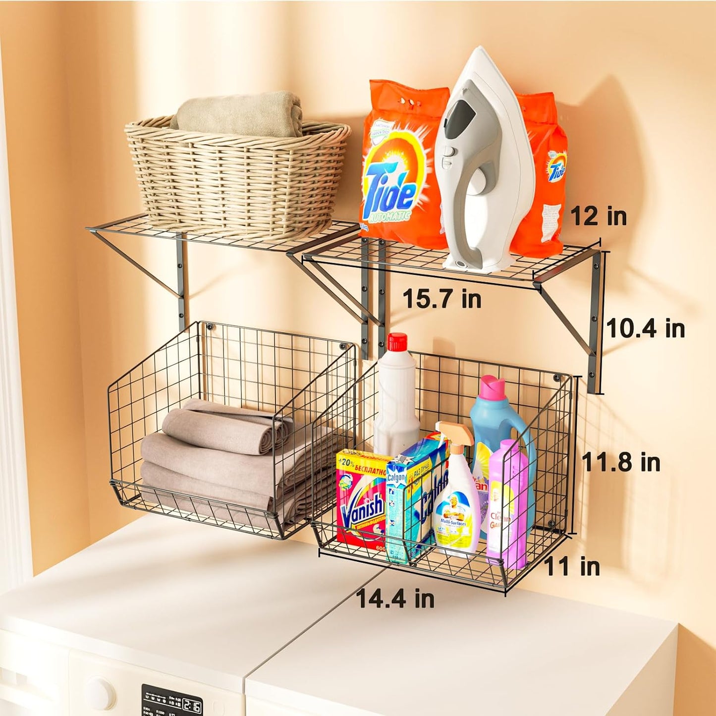 4 Pack Laundry Room Shelves Wall Mounted with Wire Baskets, Laundry Room Organizer and Storage, Over The Washer and Dryer Wire Shelf with 2 Removable dividers and 8 S-Shaped Hooks