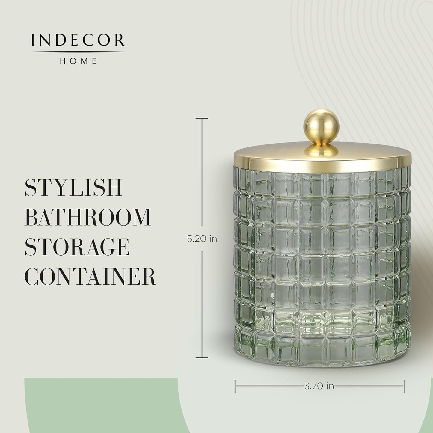 Sage Colored Tranlucent Apothecary Etched Geometric Grid Glass Jar W/Gold Metal Lid Cover for Bathroom Organization, Cotton Balls, Q Tips, and Small Accessories, Bathroom Storage