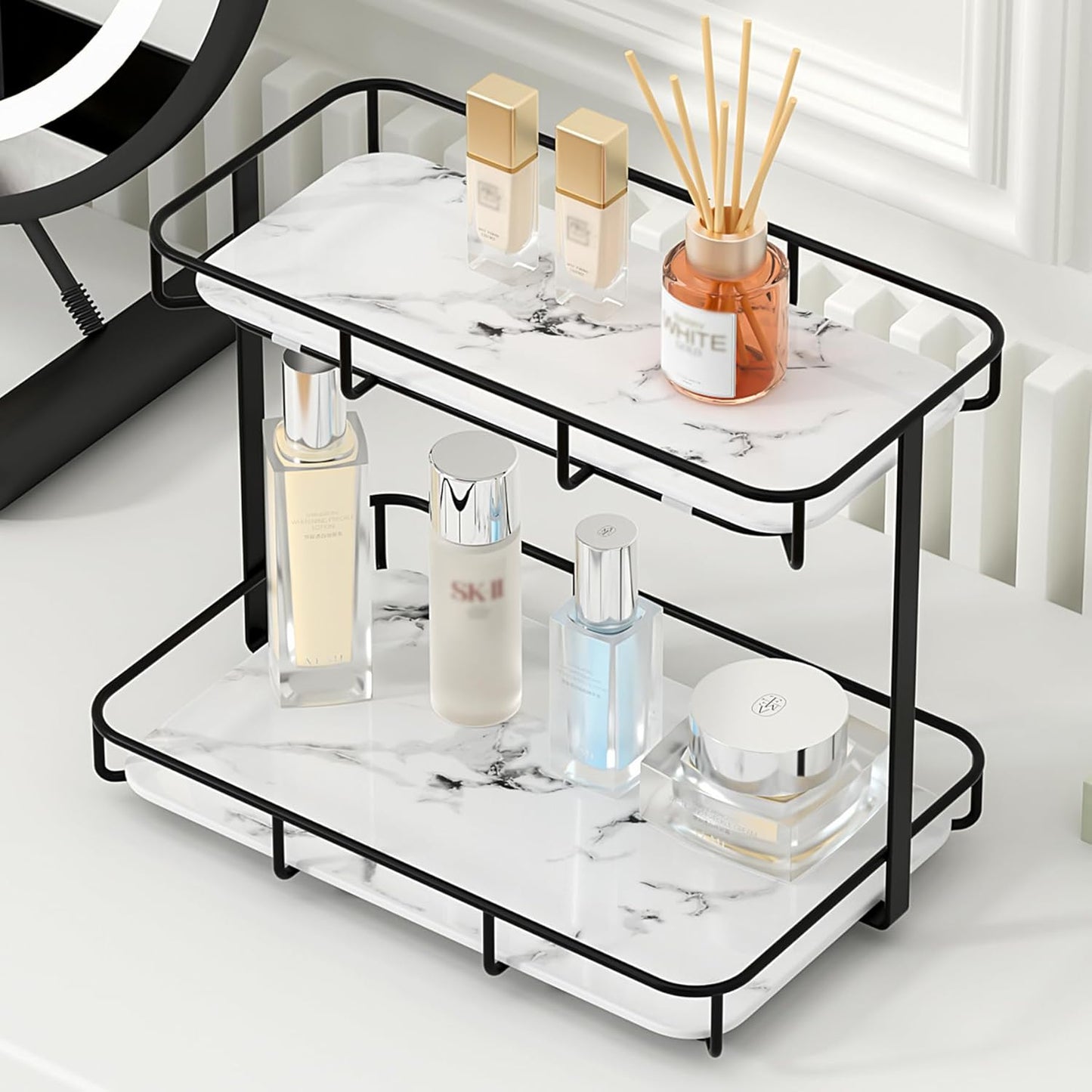 Bathroom Organizer Countertop Perfume Organizer Makeup Organizer Cosmetics Storage Display Rack Vanity Tray Dresser Stainless Steel Gold Shelf White Marble Ceramic Tray