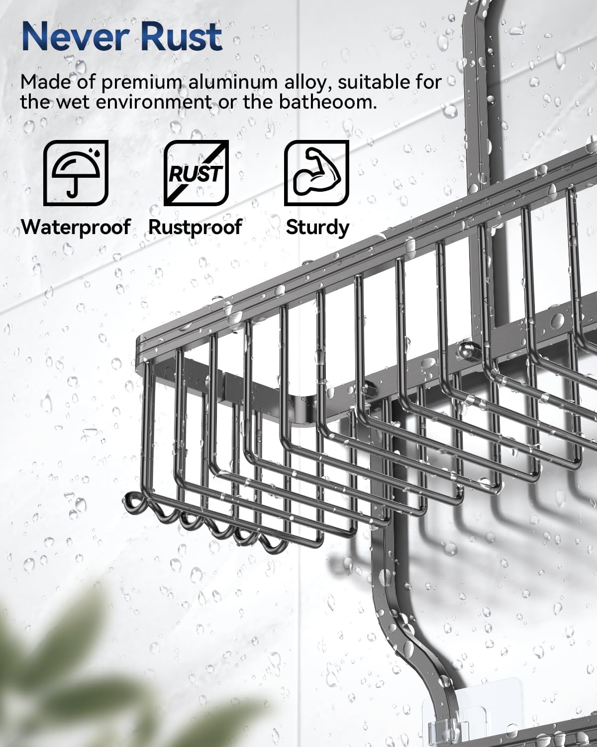 YASONIC Shower Caddy Hanging - Never Rust Organizer - Aluminum over The head caddy with 10 Hooks for Razor/Sponge - Shower Rack with Soap Basket - Grey