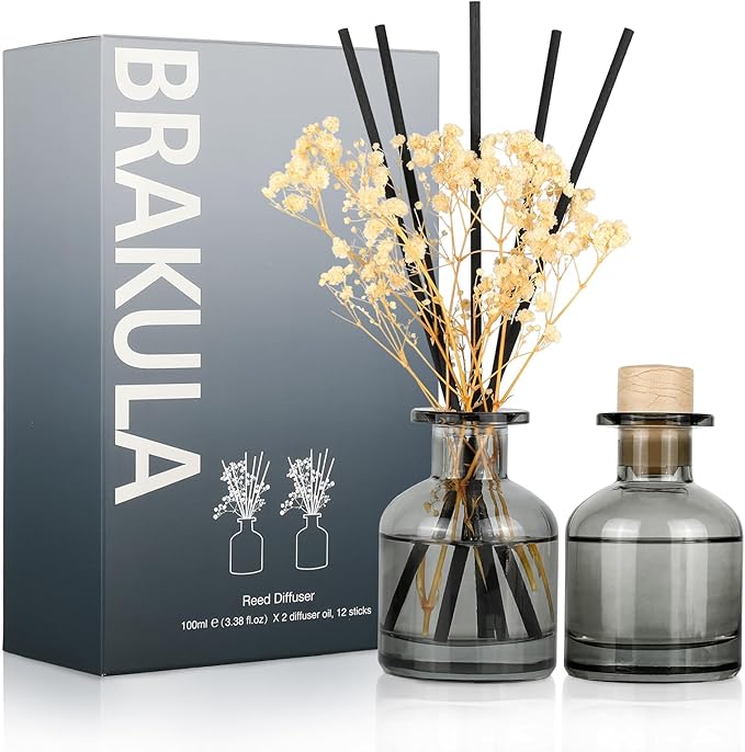 Brakula 2 Pack Reed Diffuser, Fresh Linen + White Jasmine (3.38 fl oz Each Pack), Home Fragrance with 12 Sticks, Shelf Decor, Reed diffusers for Home