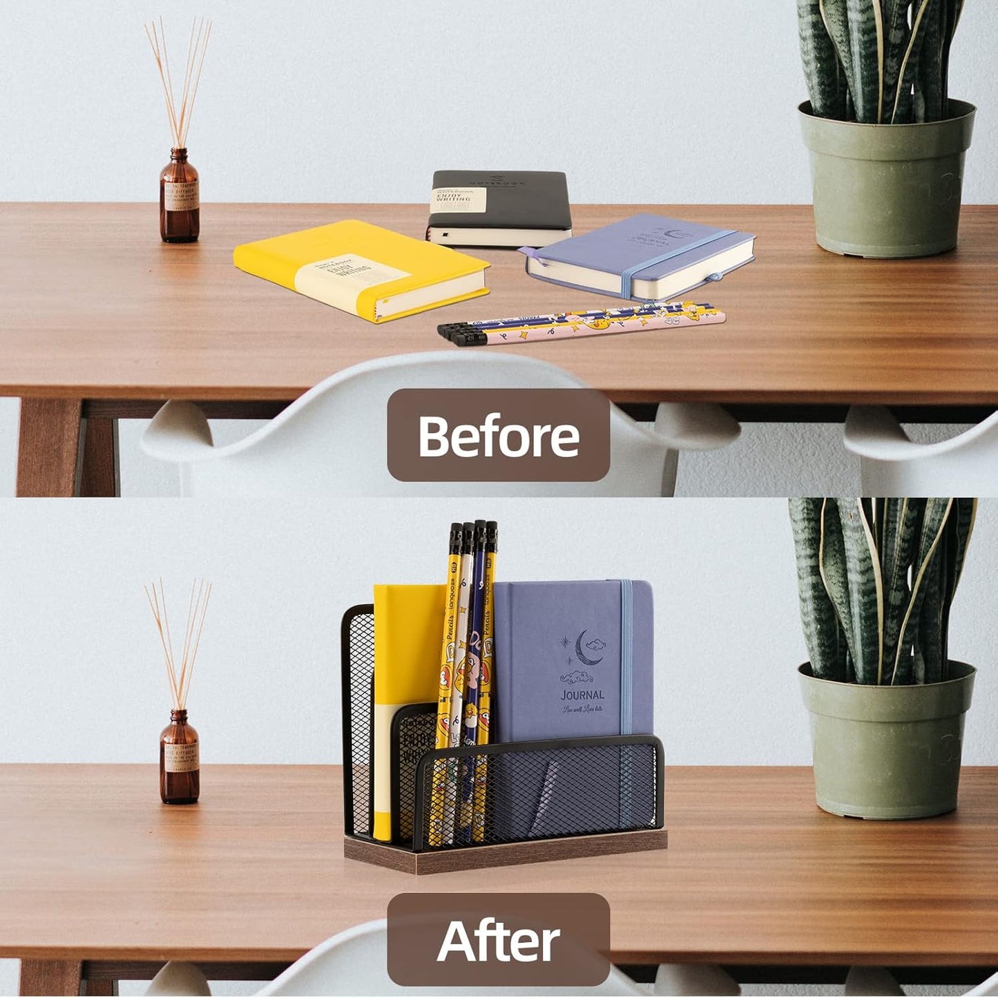 Wooden Desk Mail Organizer, Desktop File Organizer Metal Mesh with 3 Vertical Upright Compartments, Mail Sorter Letter Organizer Rack for Letters, Postcards, Brochures, Mail Holder (2 Pack Black)