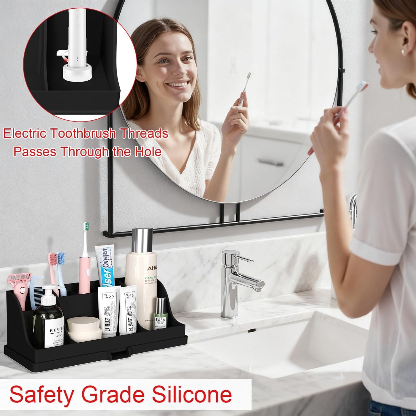 Large Toothbrush and Toothpaste Holder with Drain Tray, Black Silicone Shower Bathroom Vanity Organizer, 7 Compartments Bathroom Organizer Countertop Toothbrush Caddy