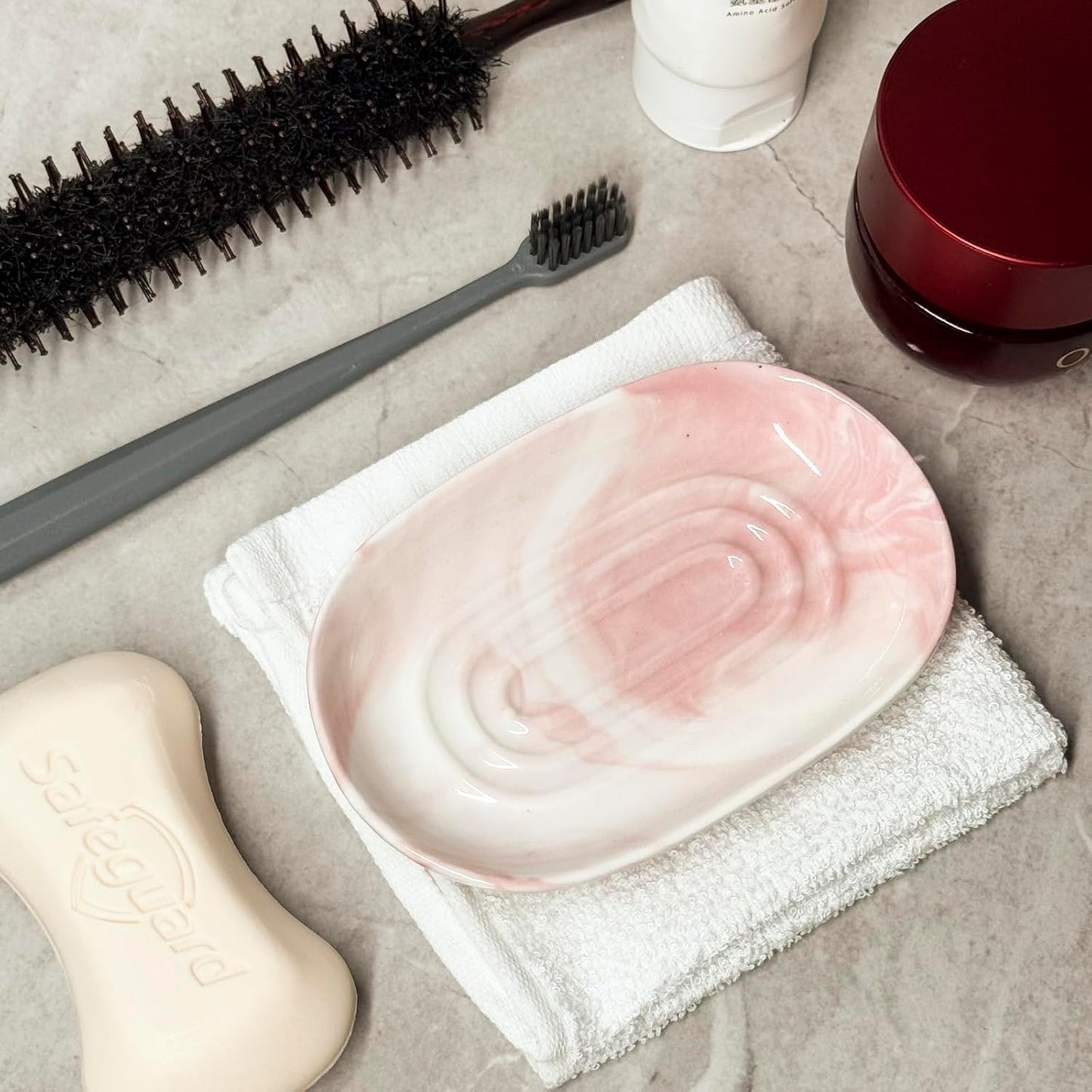 Soap Dish, Ceramic Soap Dish with Marble PatternShower, Soap Saver Tray for Bathroom, Kitchen Sink & Vanity, Multi-Use Holder for Jewelry, Rings, Keys (1 Pack, Pink-White)