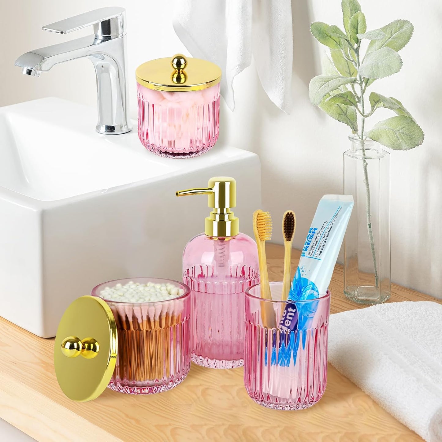 Bathroom Accessories Set,4 Pcs Pink Glass Bathroom Accessories Set with Toothbrush Holder,Lotion Soap Dispenser,2 Qtip Holder Dispensers - Countertop Organizer for Modern Bathroom Decor - Pink