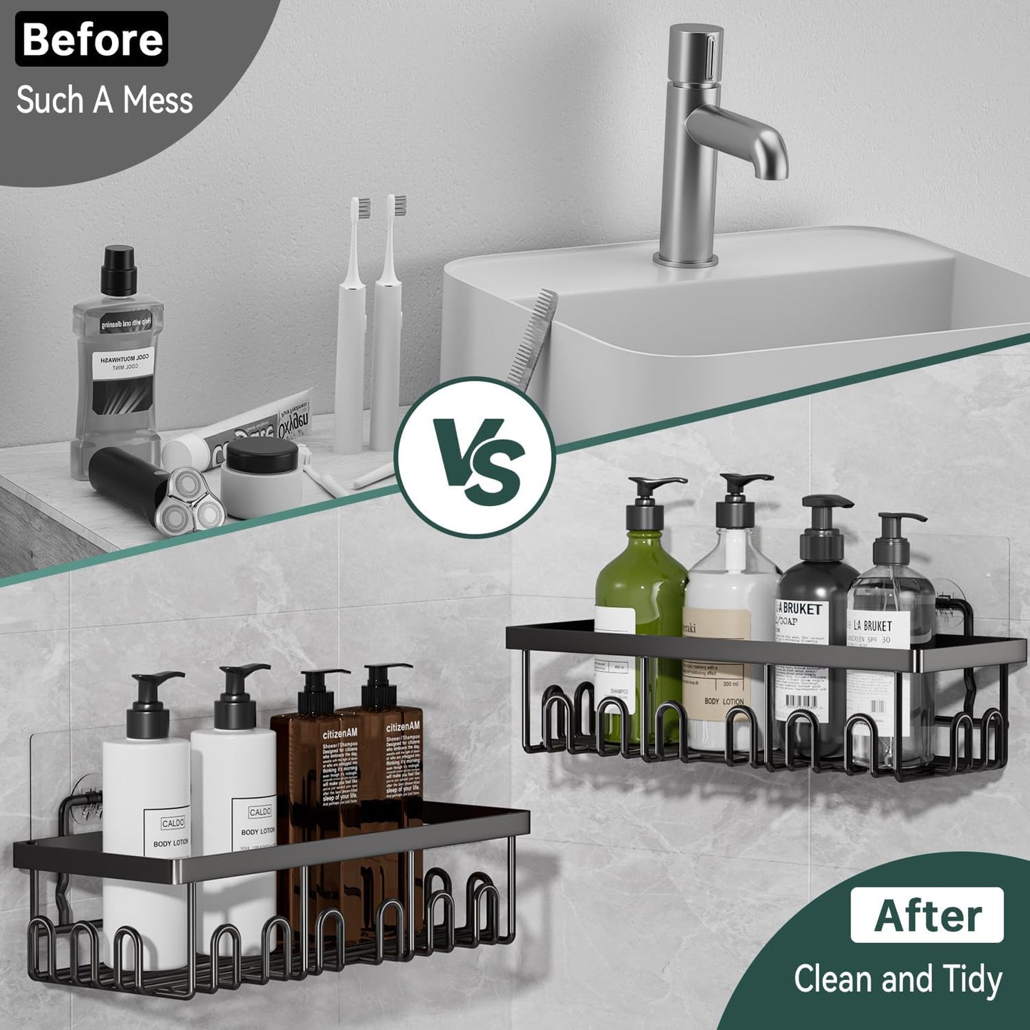 5-Pack Shower Caddy with Soap Holder and toothbrush holder, Stainless Steel Organizer for Bathroom Organizers and Storage, No Drilling Wall Mounted Rack Bathroom Caddy for Kitchen Home Black