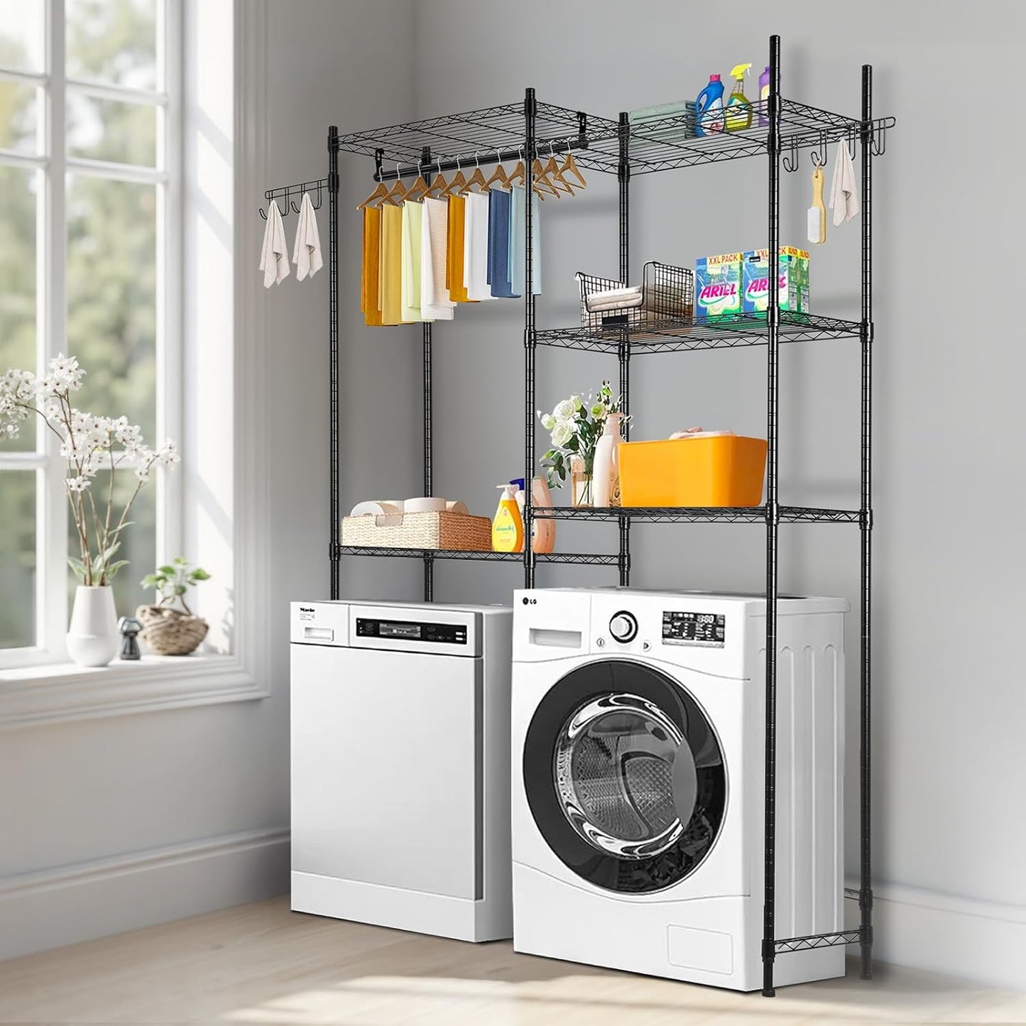 VEVOR Over The Washer and Dryer Storage Shelf, 5 Tier Laundry Room Drying Rack with Hanger Rod and Hooks, Adjustable Over Washer and Dryer Shelves, Laundry Room Shelf Storage Space Saver, Black