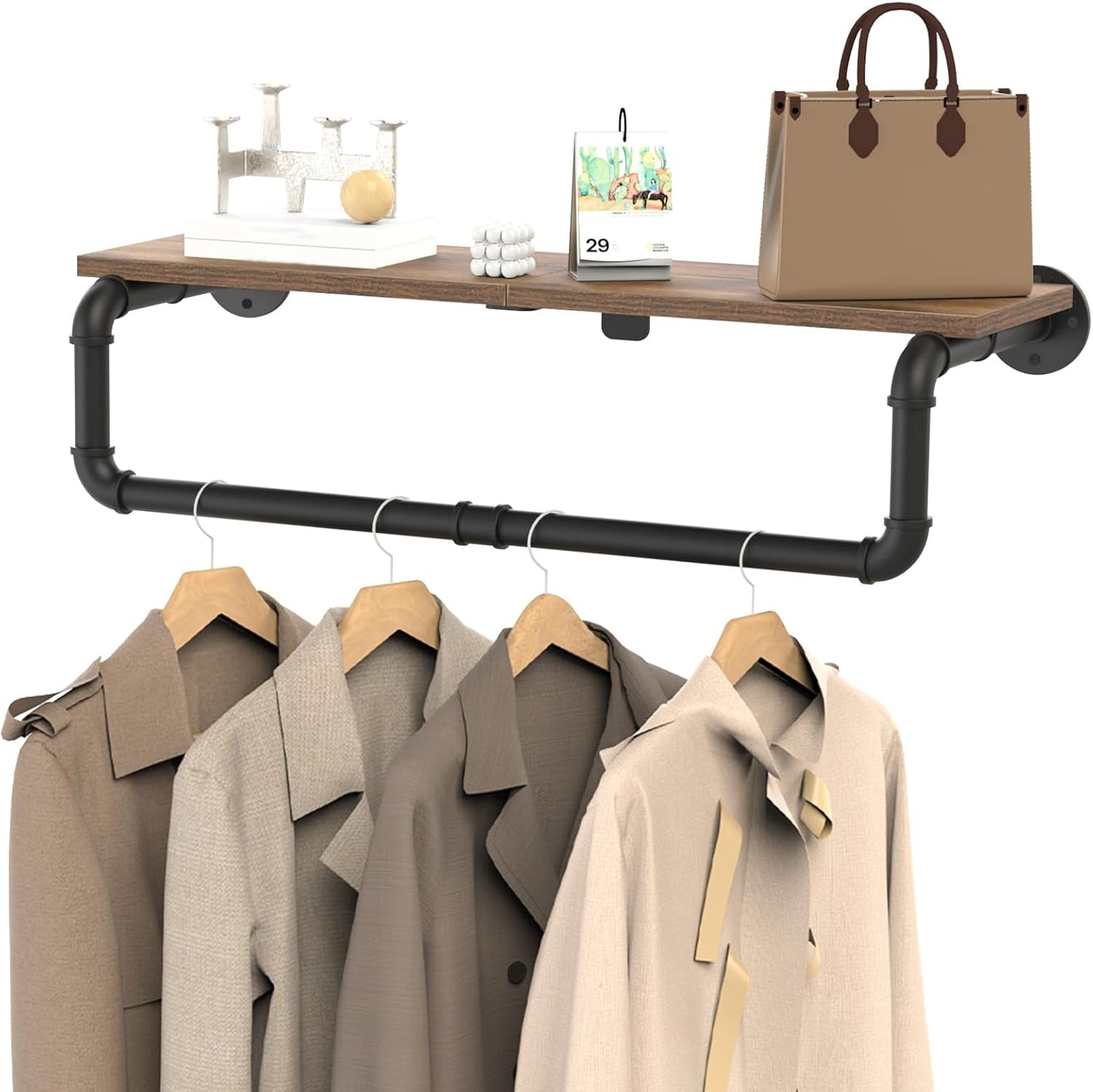 Industrial Pipe Clothing Rack with Top Shelf, Closet Poles for Hanging Clothes, Heavy Duty Iron Garment Racks Wall Mounted, 41.3x10.2x5.9 Inch, Black