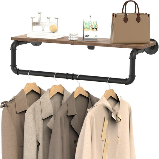 Industrial Pipe Clothing Rack with Top Shelf, Closet Poles for Hanging Clothes, Heavy Duty Iron Garment Racks Wall Mounted, 41.3x10.2x5.9 Inch, Black