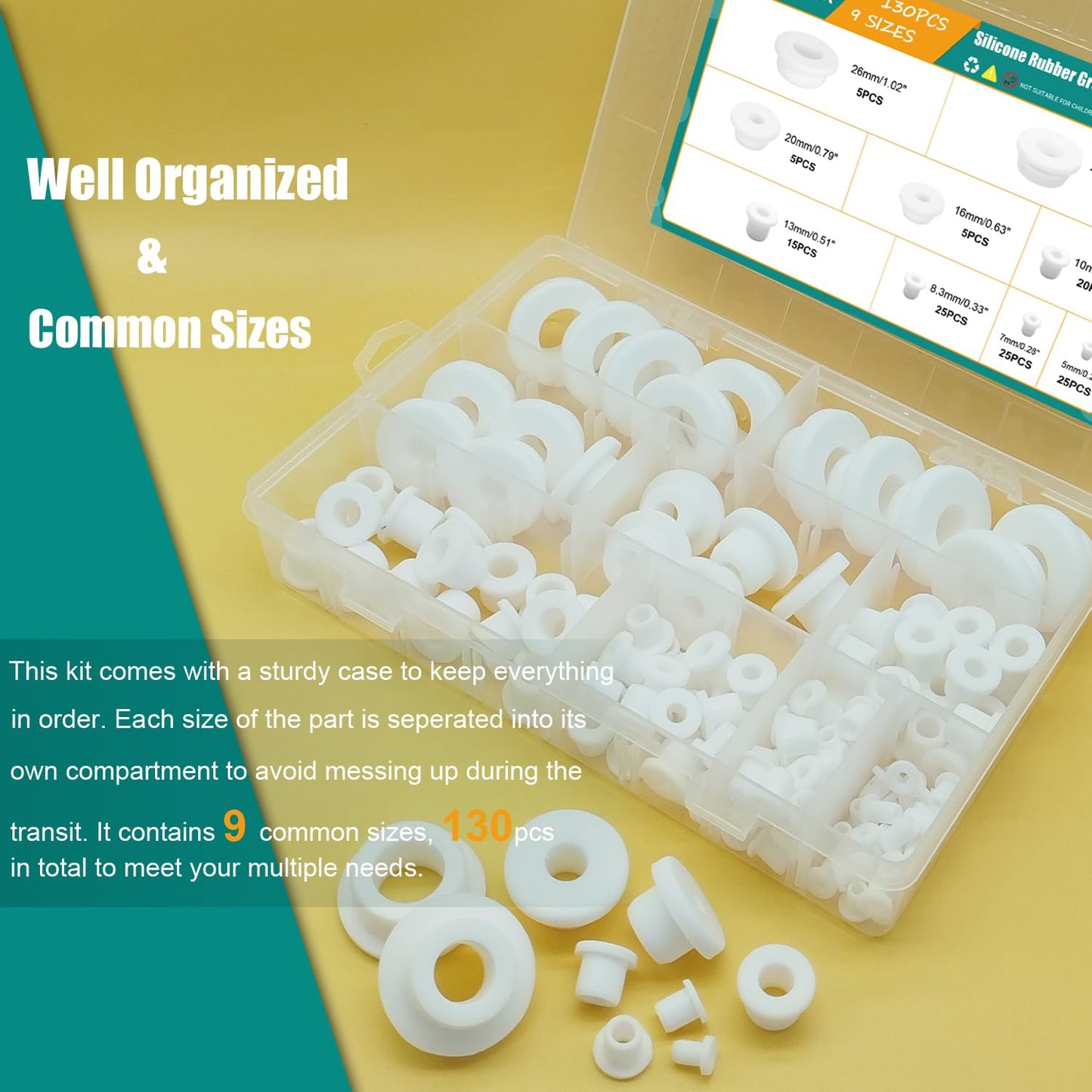 130PCS Silicone Rubber Grommets for Wiring, White Top Hat Rubber Grommet Assortment Kit, 9 Sizes Round Hole Rubber Wire Grommets for Automotive, Vinyl Tubing in Hydroponic and Irrigation Systems