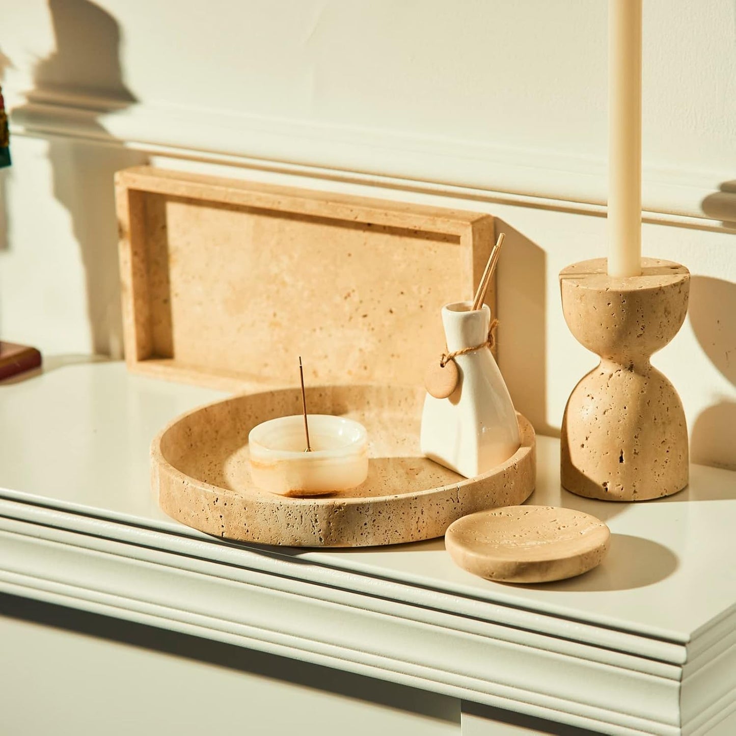 Italian 100% Marble Vanity Tray (12x6in), Counter Organizer for Bathroom, Kitchen, Dresser, Coffee Table, Serving & Decorative (Beige Travertine)