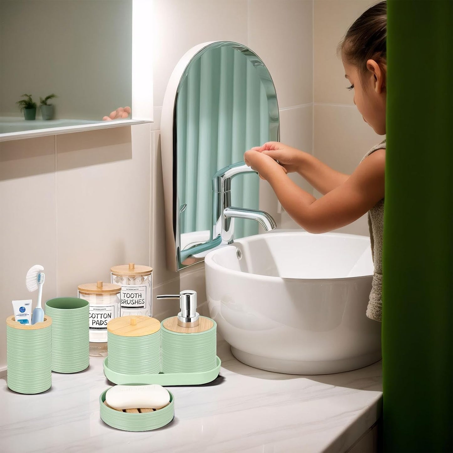 IMAVO Bathroom Accessory Set-11Pcs Green Bathroom Accessories Set with Trash Can,Soap Dispenser,Soap Dish,Toothbrush Holder,Toothbrush Cup,Toilet Brush Holder,Qtip Holder Dispenser with Labels