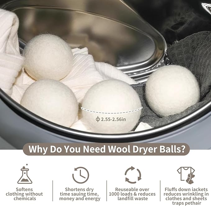 Dryer Balls, 12P Wool Balls with 1 Holder, Dryer Balls for Laundry Reusable with 1P Metal Black Storage Organizer Set for Large Balls(2.6 to 2.75inch Dia) Reduces Static & Wrinkles