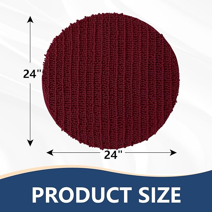 Arotive Luxury Round Chenille Bathroom Rug Mat, Extra Soft Thick Absorbent Shaggy Bath Rugs, Non-Slip Machine Wash Dry Plush Bath Mats for Bathroom, Shower and Tub, 24x24, Burgundy