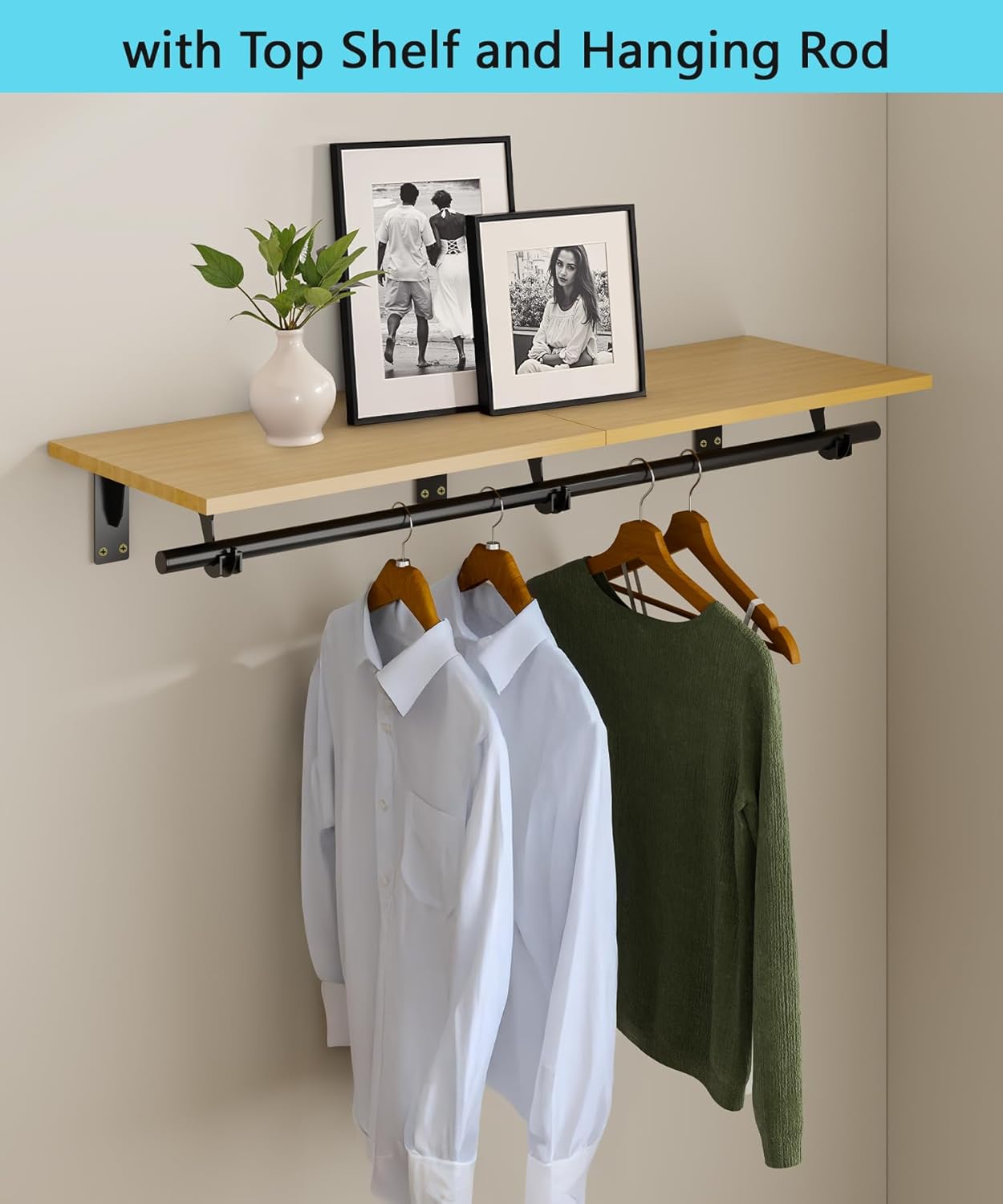 FIRJOY Wall Mounted Clothes Rack, with Top Shelf and Hanging Rod, Heavy Duty (11.8" x 31.5", Black)
