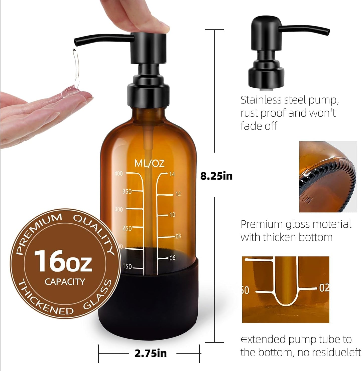 16oz Amber Glass Soap Dispenser with Stainless Steel Pump and Silicone Base for Kitchen and Bathroom