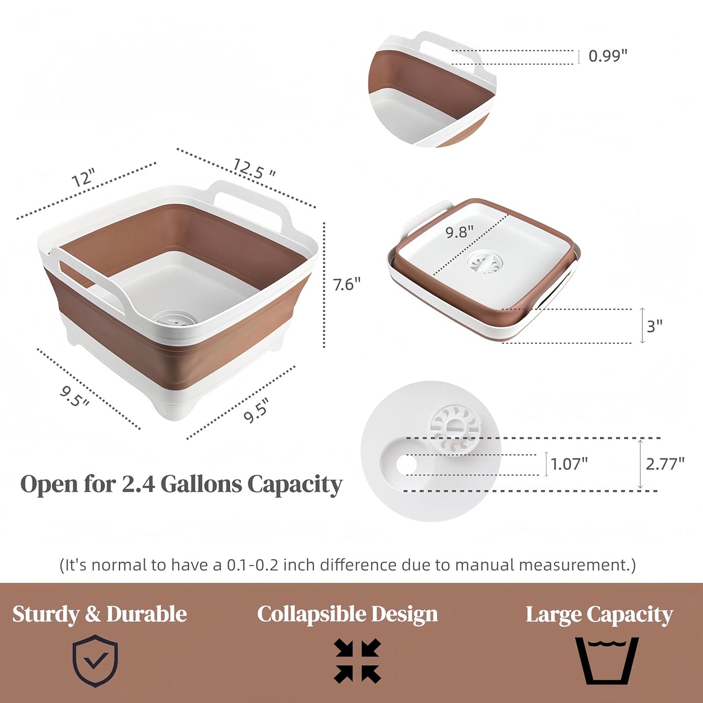 Collapsible Wash Basin for Baby Bottles - 2.4 Gallons Portable Wash Bin for RV Camping Sink, Space-Saving Dish Tub (Mocha)