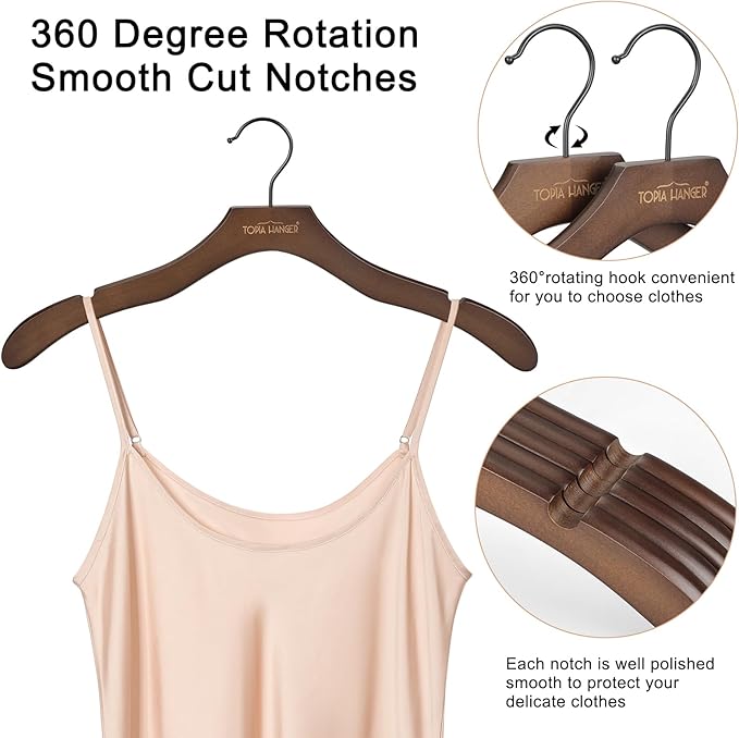 TOPIA HANGER Wooden Coat Hangers 12 Pack, Premium Wood Suit Sweater No Shoulder Bump Hangers, 360° Swivel Hook and Cut Notches Clothes Hangers for Sweater, Hoodie, Shirts, Jacket, Dress, Walnut CT84WA