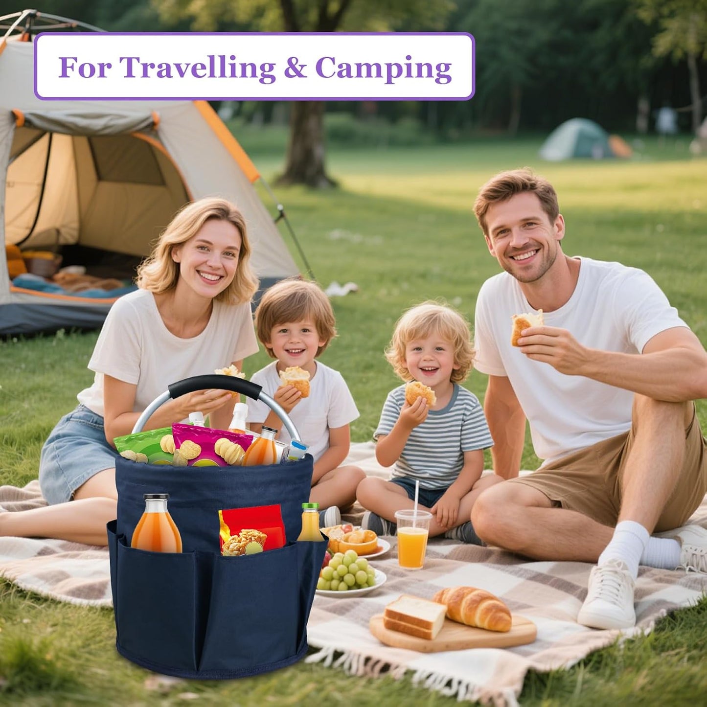 17L Cleaning Caddy with Handle, Portable Shower Caddy in 600D Oxford Fabric, Bucket Tool Organizer with 6 Side Pockets, Collapsible Storage Basket for Cleaning, Camping, Navy Blue