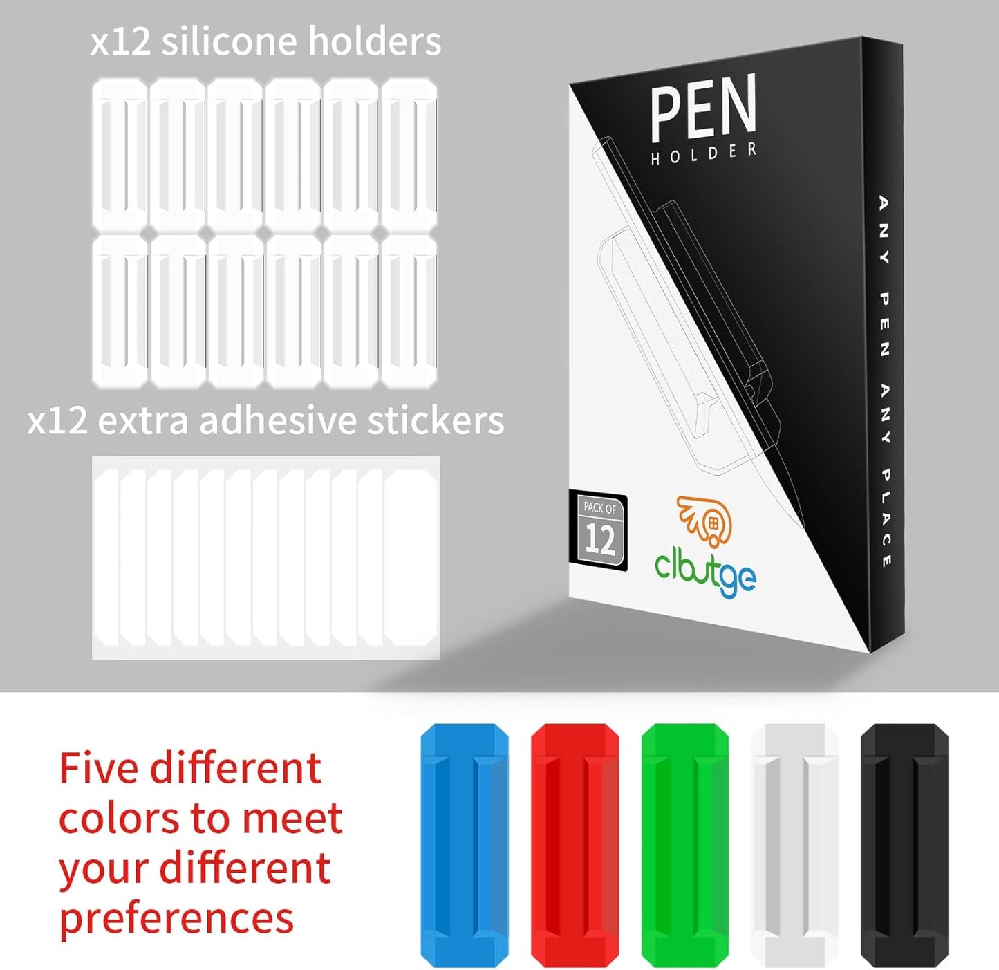 12 Pack Pen Holder for Desk, Silicone Pencil Holder with 12 Extra Adhesive Stickers, Adhesive Pen Holder & Marker Clip for Classroom Office Desk or Any Surface, Teacher Accessories Supplies (White)