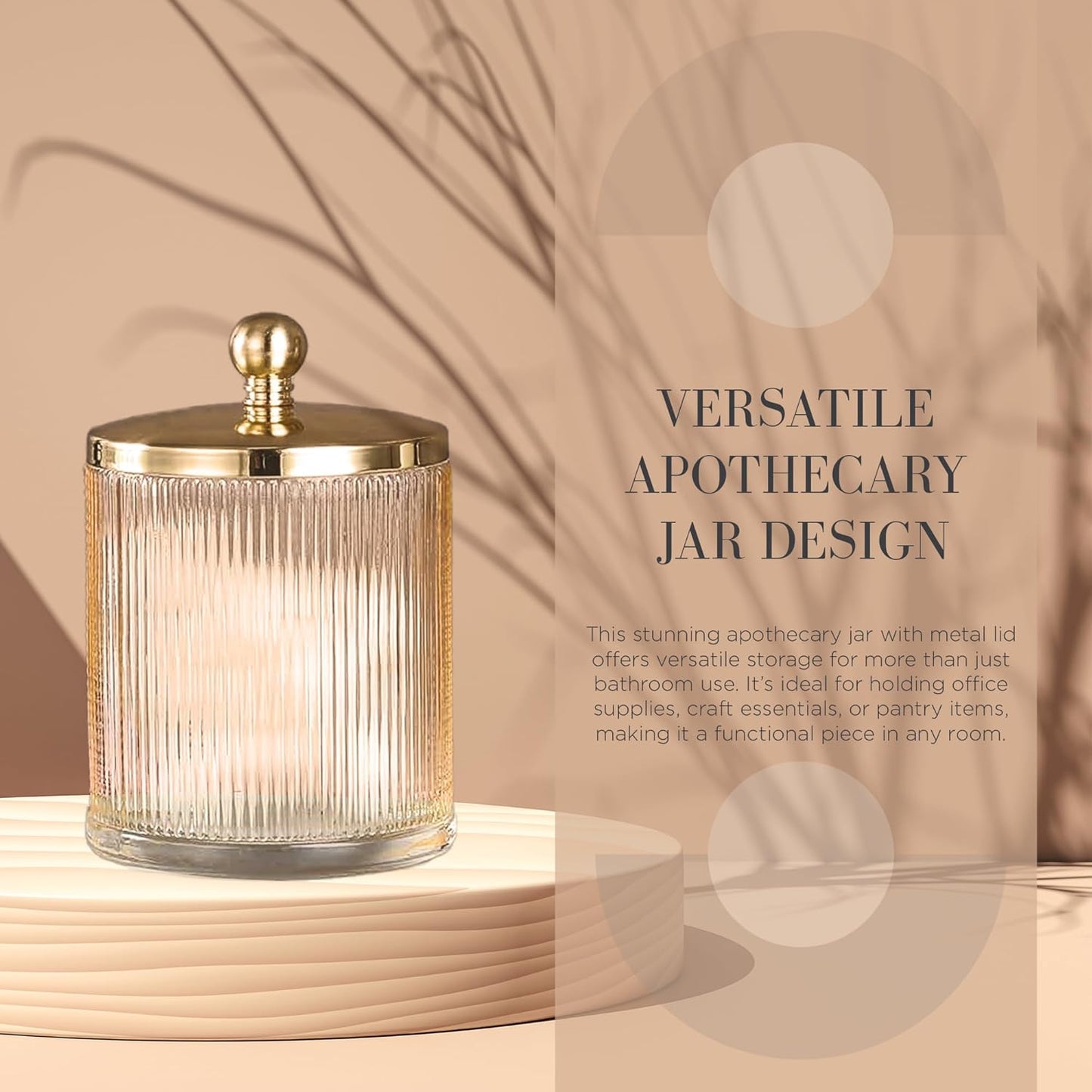 Tan Colored Tranlucent Apothecary Ribbed Geometric Etched Glass Jar W/Gold Metal Lid Cover for Bathroom Organization, Cotton Balls, Q Tips, and Small Accessories, Bathroom Storage