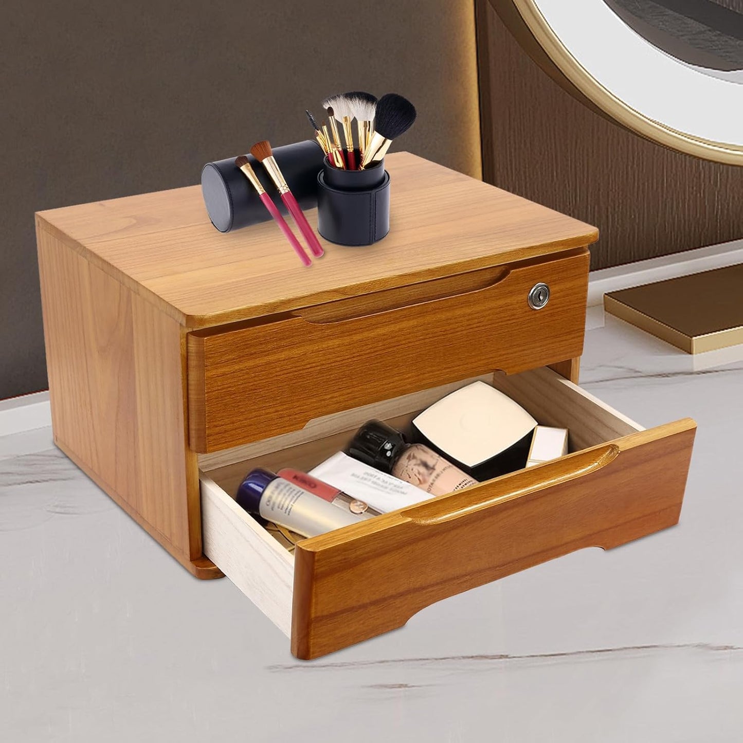 2-Tier Wooden Desktop Storage Box Desk Organizer with 2 Drawers and Lock Countertop Drawers Organizer for Office Supplies File Paper Cosmetic Jewelry, 15.4x11.8x8.5 in (Light Brown)