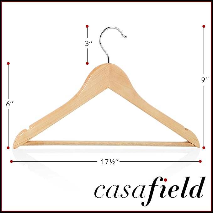 Casafield - 40 Natural Wooden Suit Hangers - Premium Lotus Wood with Notches & Chrome Swivel Hook for Dress Clothes, Coats, Jackets, Pants, Shirts, Skirts