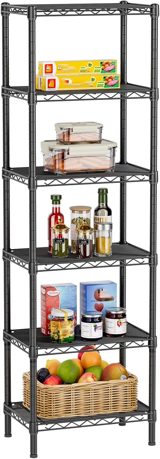 6 Tier Shelf Adjustable Storage Mesh Gaps Metal Utility Shelves Wire Shelving Unit Organizer Rack for Home Kitchen Office Bathroom Pantry Room10 D x 16" W x 60" H Black