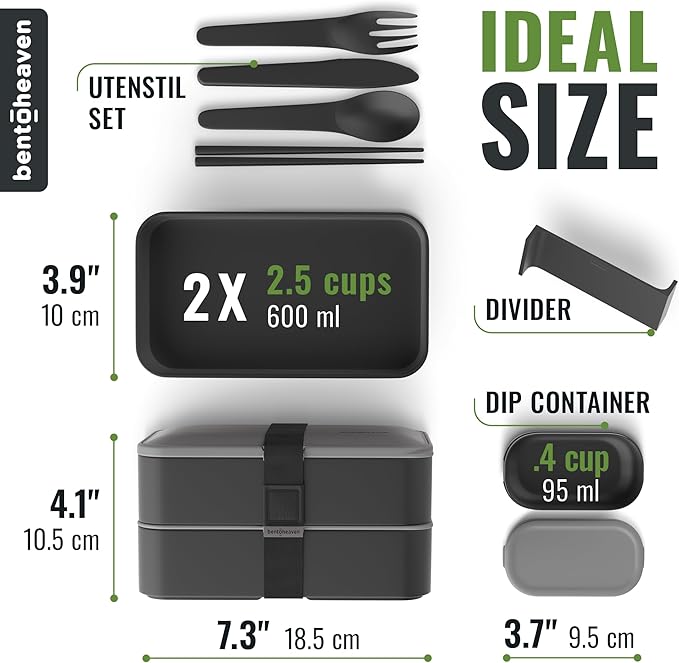 Bentoheaven Premium Bento Box Adult Lunch Box with Compartments for Women & Men, Set of Utensil & Chopsticks & Dip Container, Cute Japanese Kids Bento Lunch Box, Microwavable (Whispering Gray)