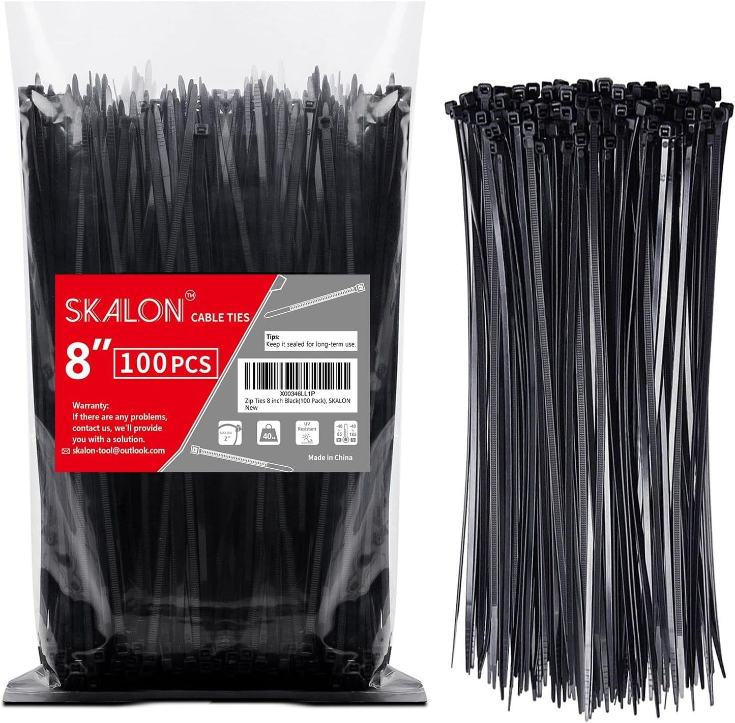 Zip Ties 8 inch (100 Pack), 40lbs Tensile Strength, Black Cable Ties, Wire Ties for indoor and outdoor use, by Skalon
